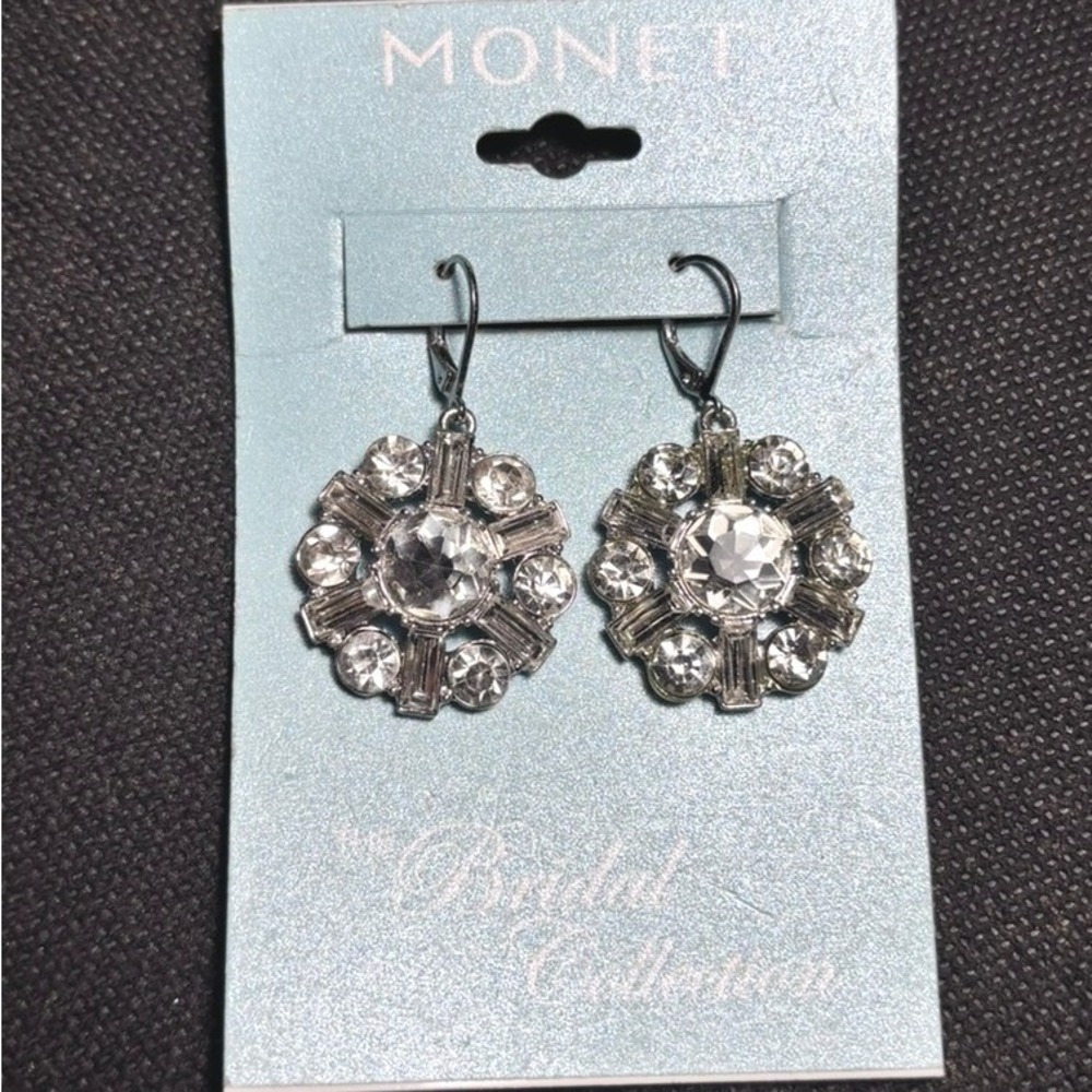 Monet‎ Bridal Collection Vintage Silver Tone Clear Rhinestone Sunburst Earrings